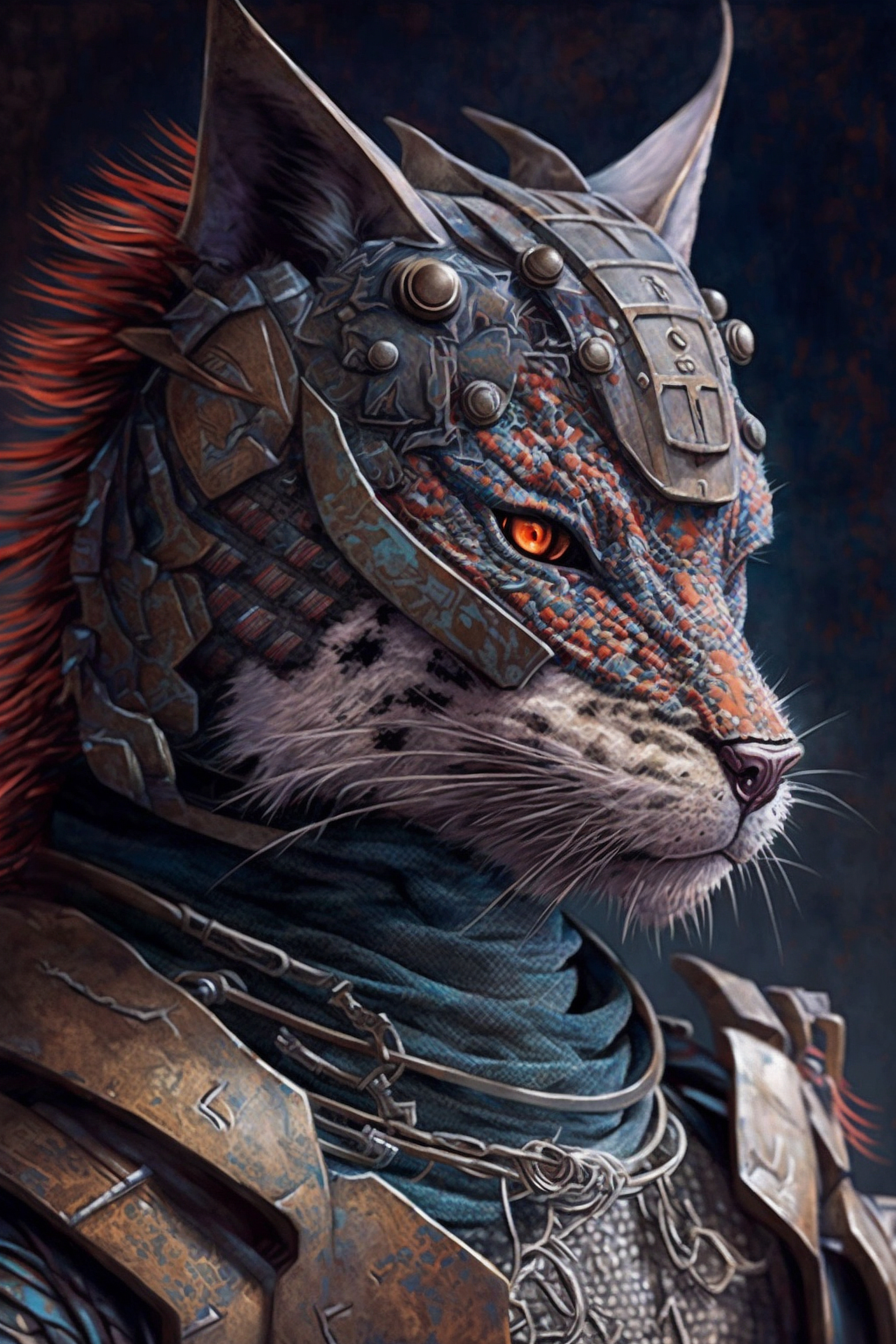 a cat in armor with red eyes