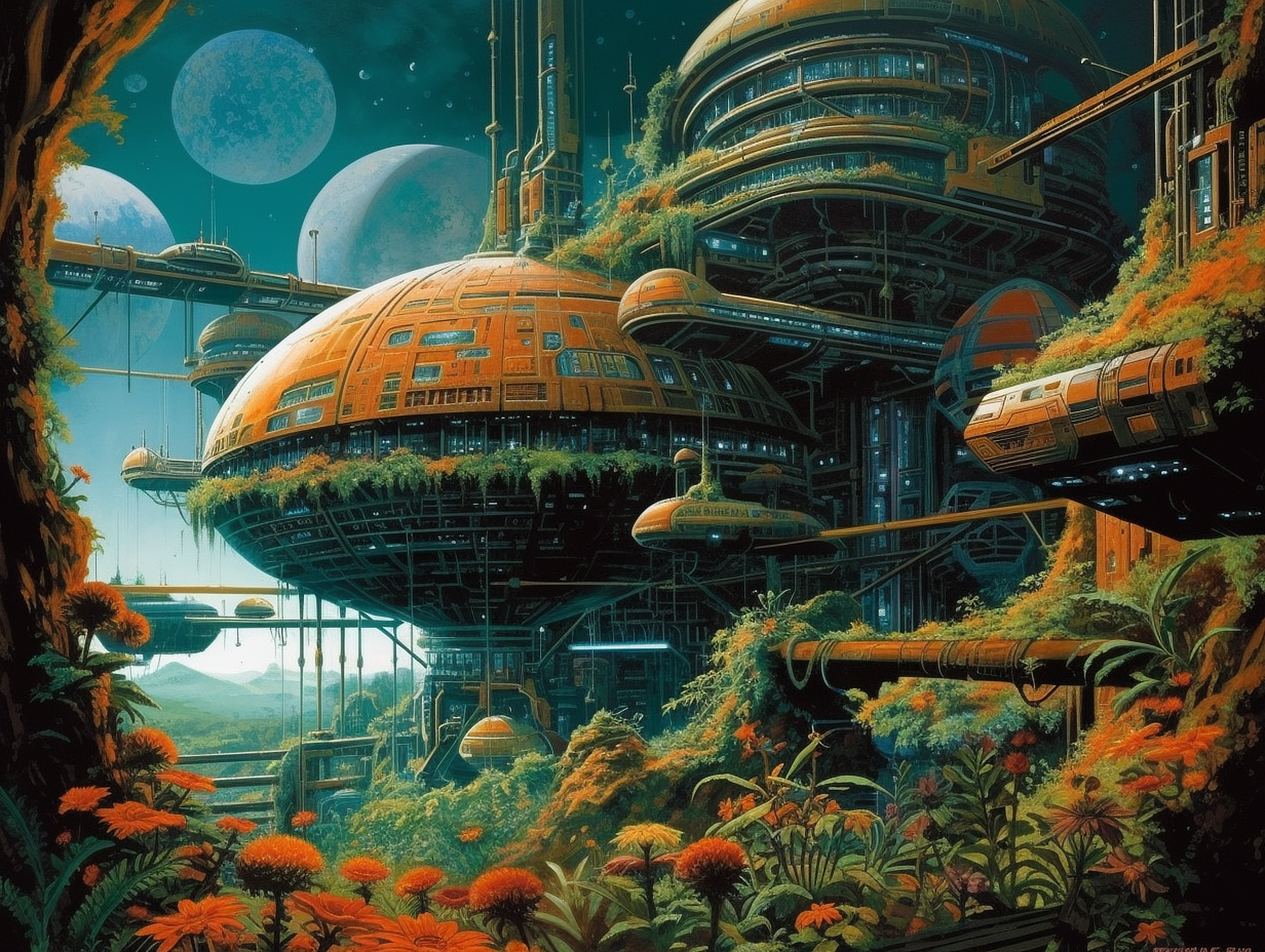 a landscape with plants and buildings