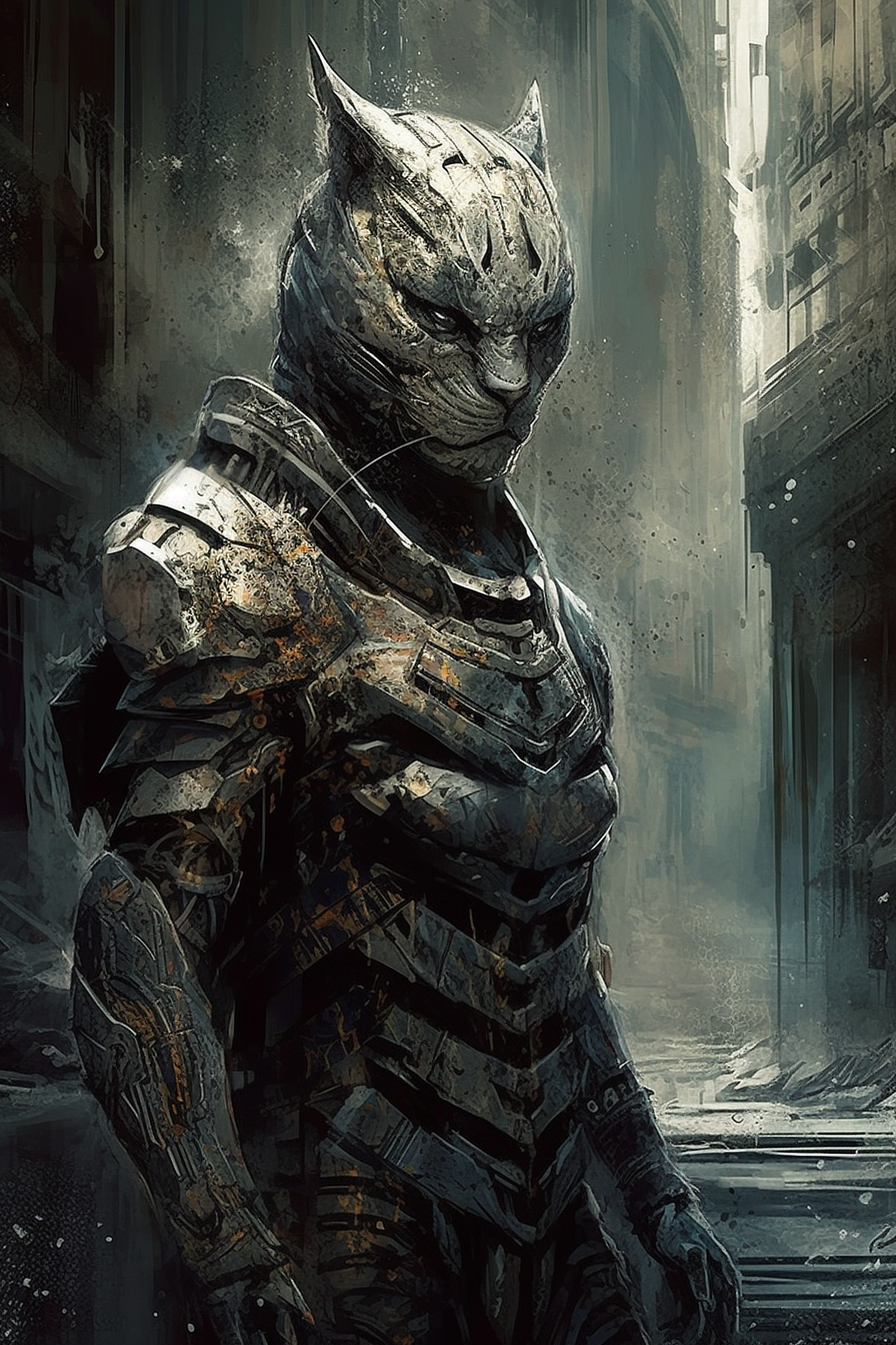 a cat in armor with a cat head