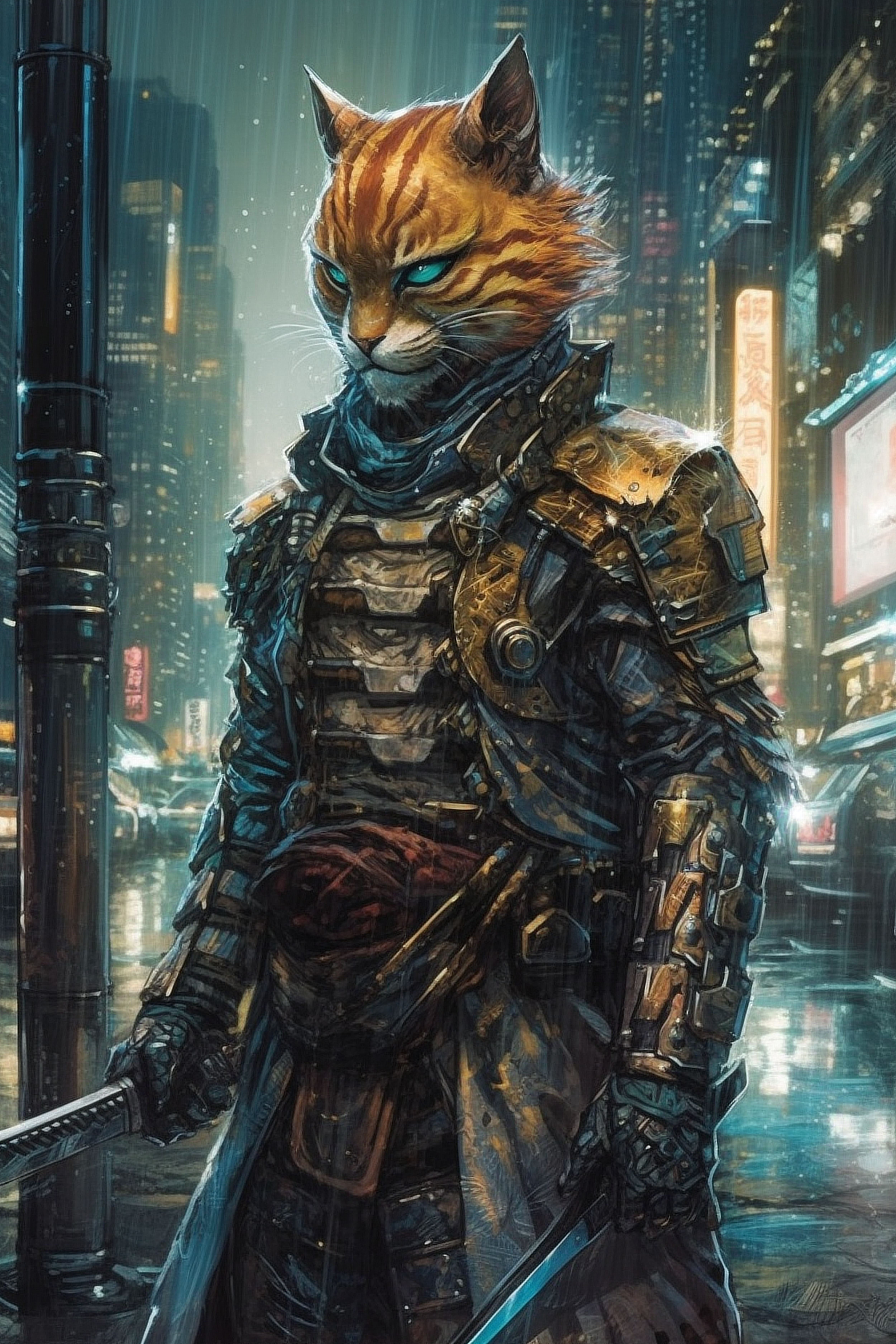 a cat in armor with a gun