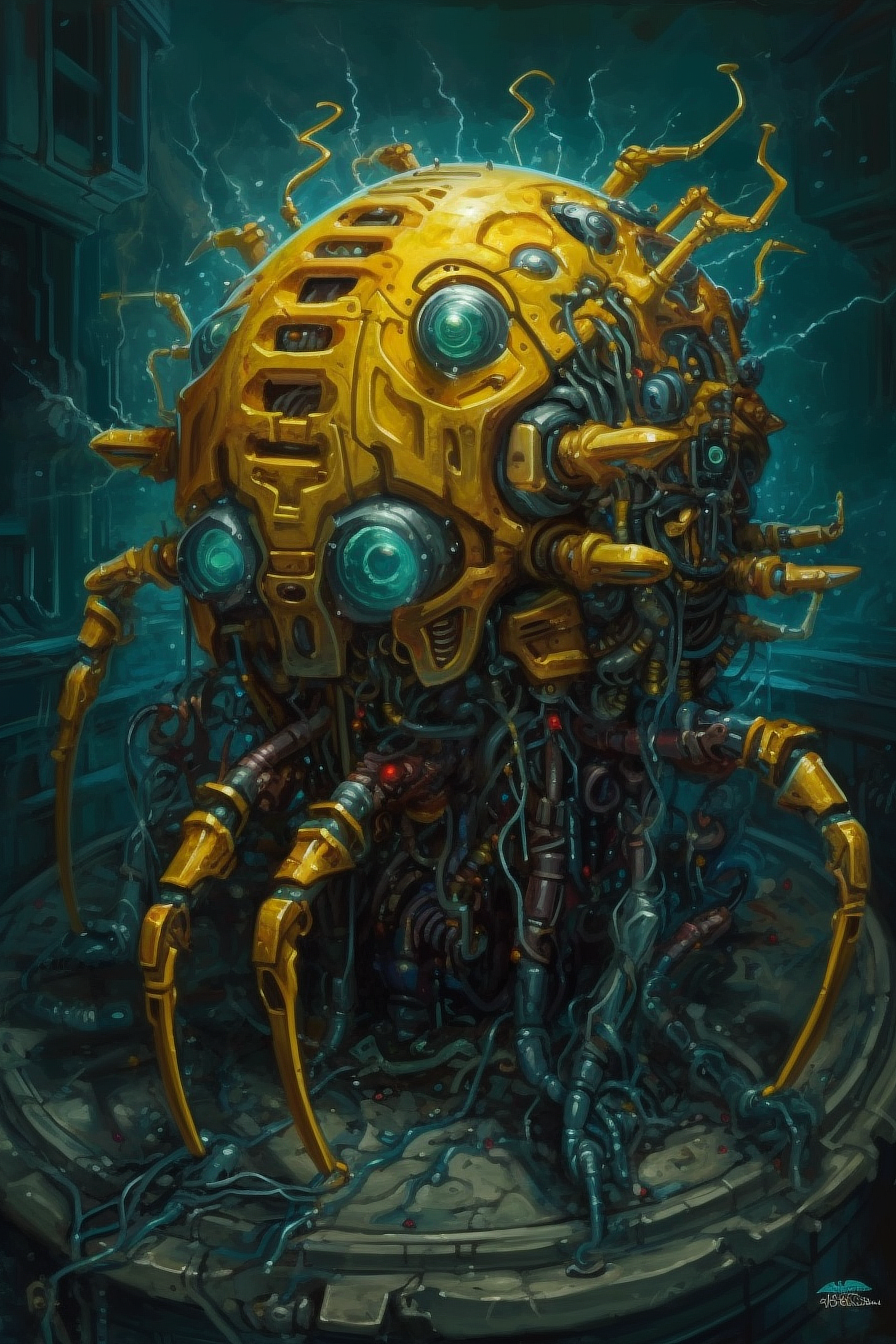 a yellow robot with many wires and a blue background