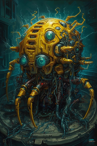 a yellow robot with many wires and a blue background