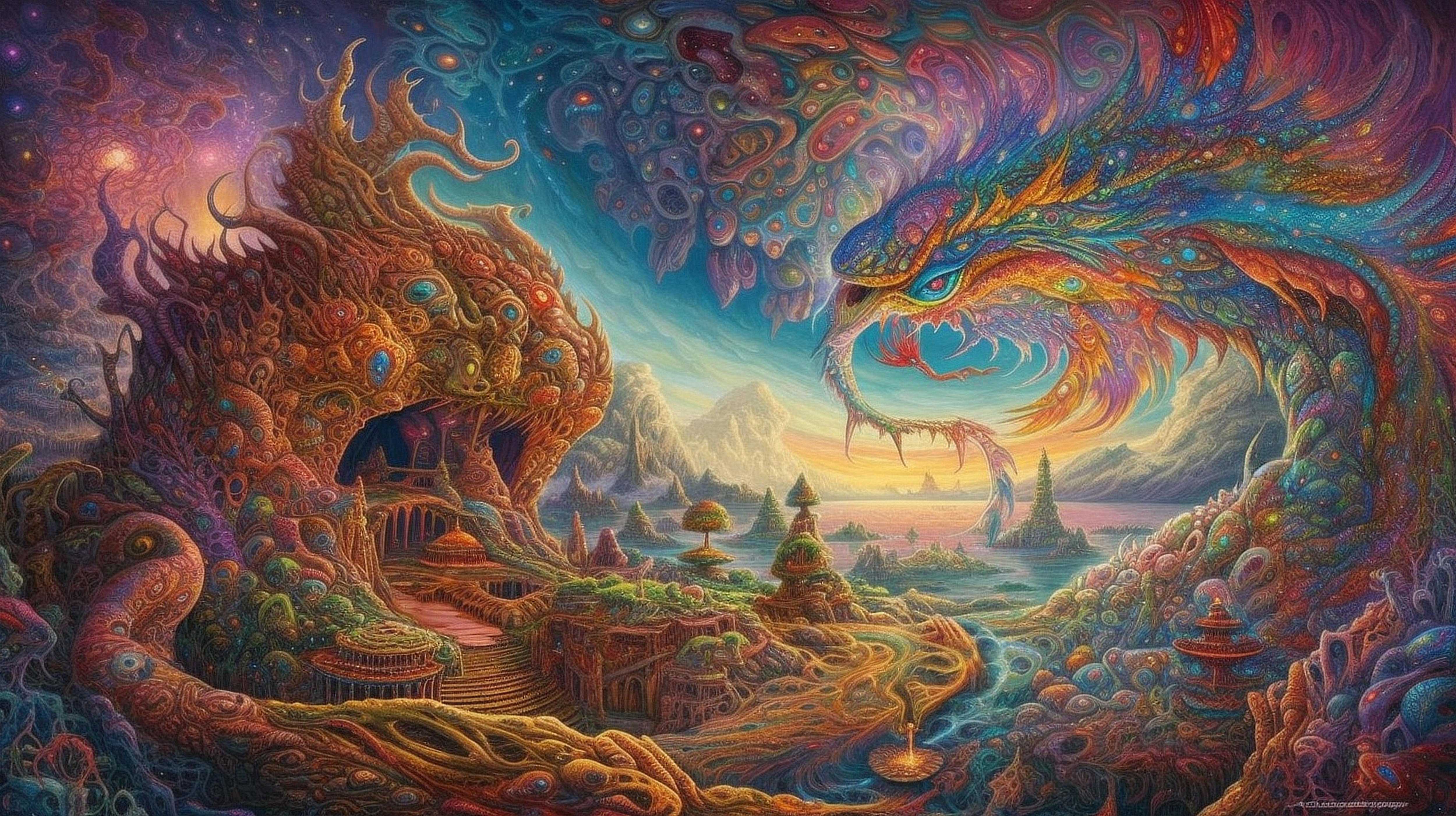 a colorful fantasy landscape with a bird