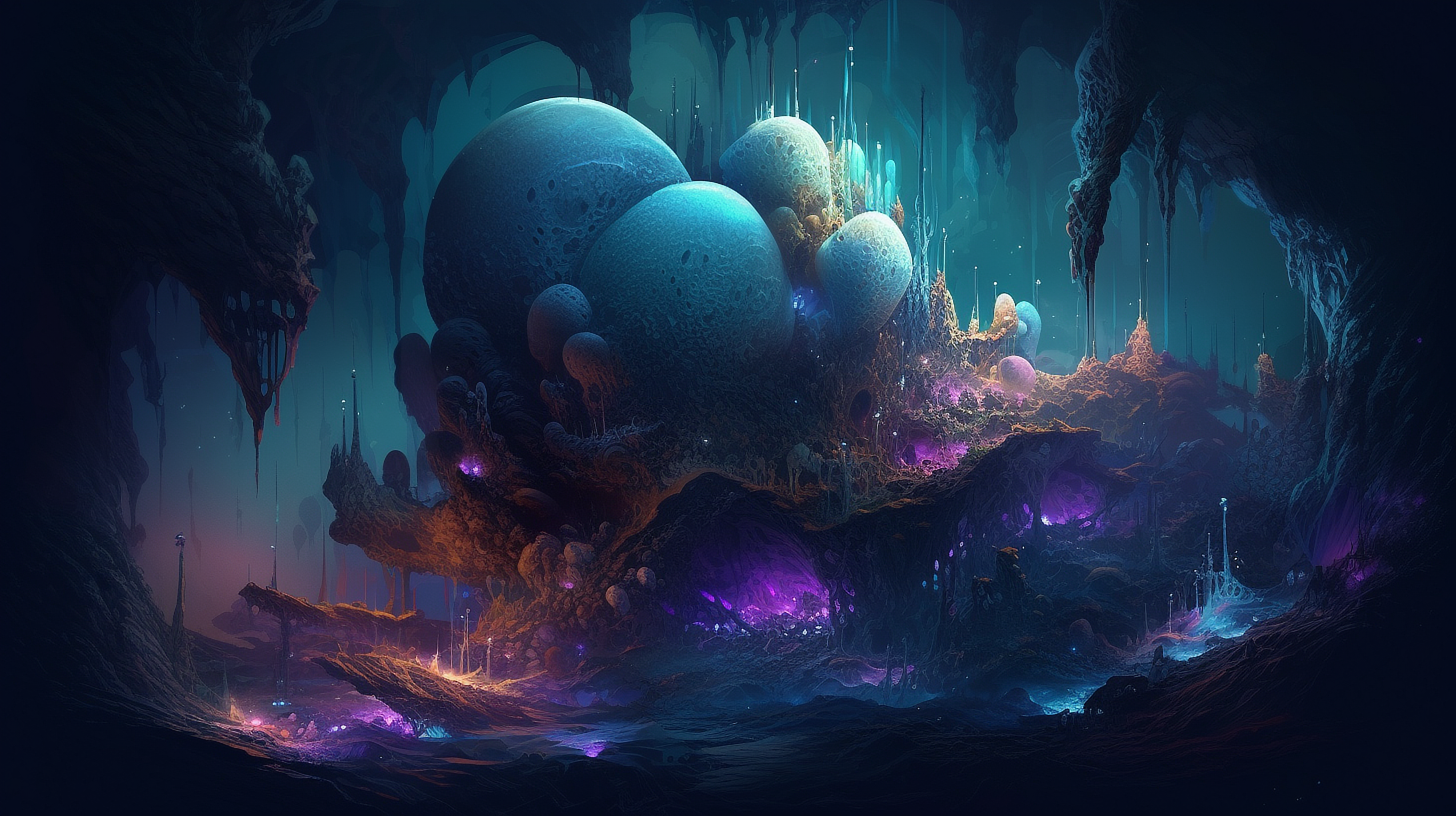 a colorful cave with many round objects