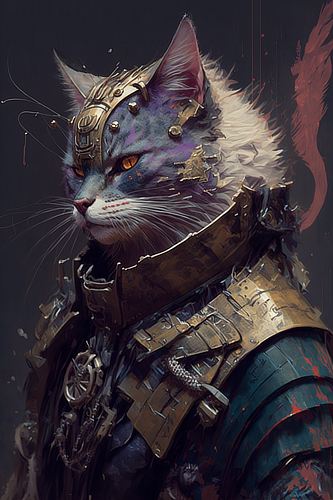 a cat in armor with metal pieces