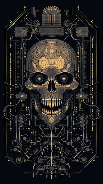 a skull with gears and wires