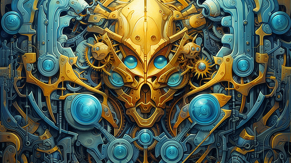 a gold and blue metal robot