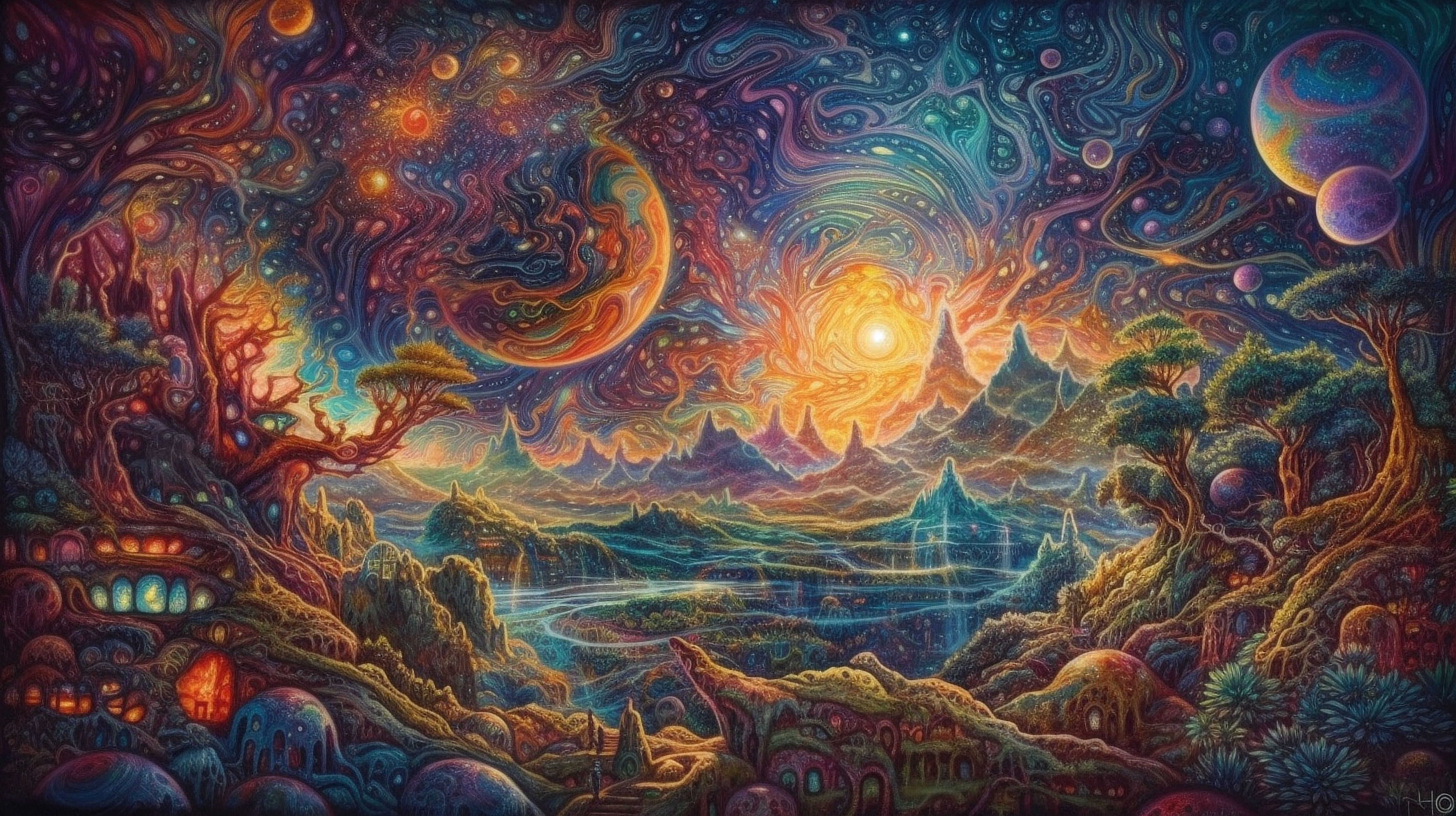 a colorful landscape with a river and mountains