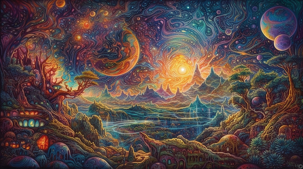 a colorful landscape with a river and mountains