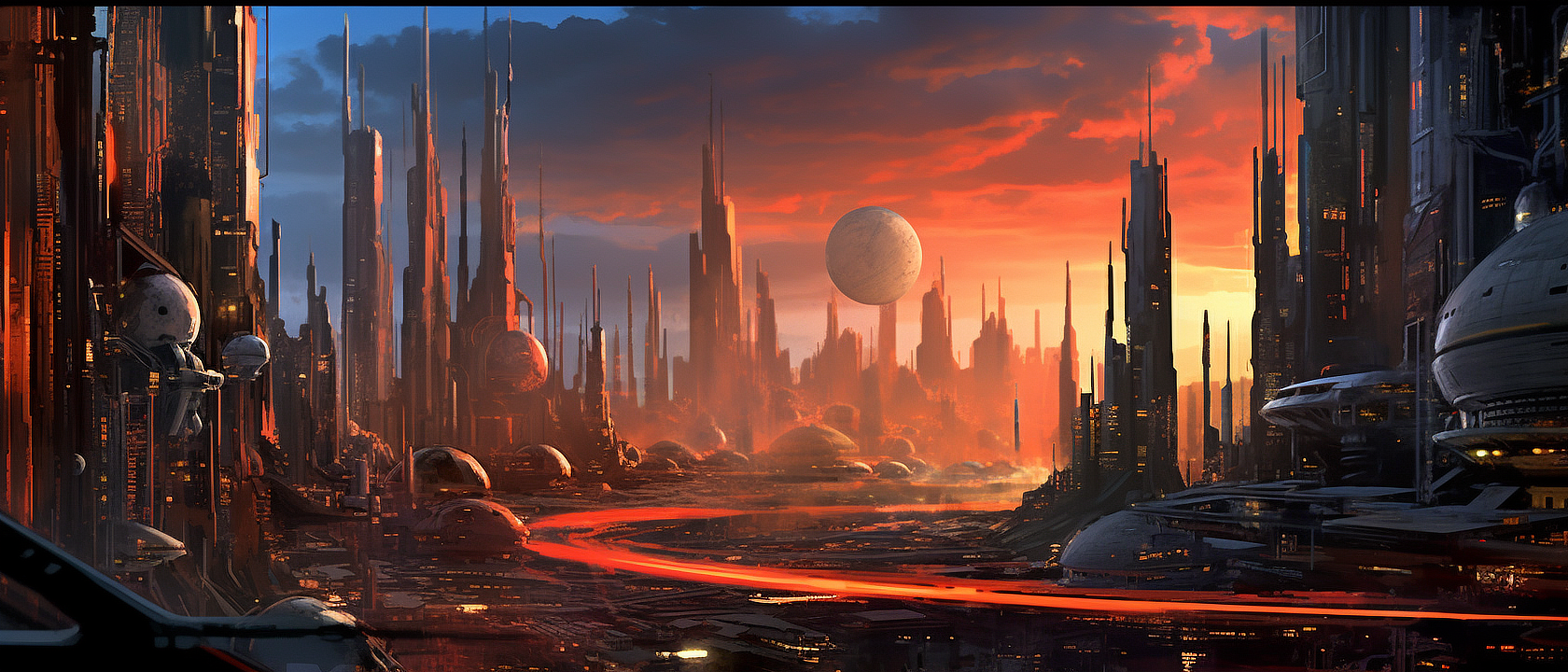 a city with towers and a road with a red sky