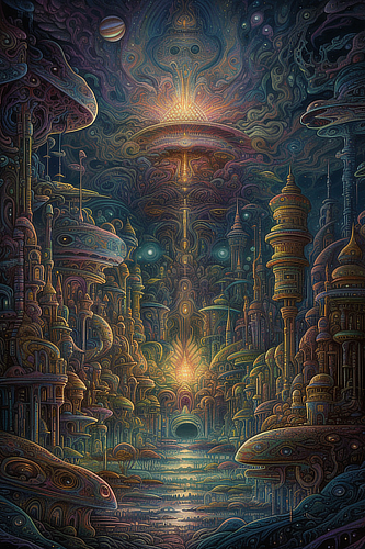 a large colorful artwork of a city