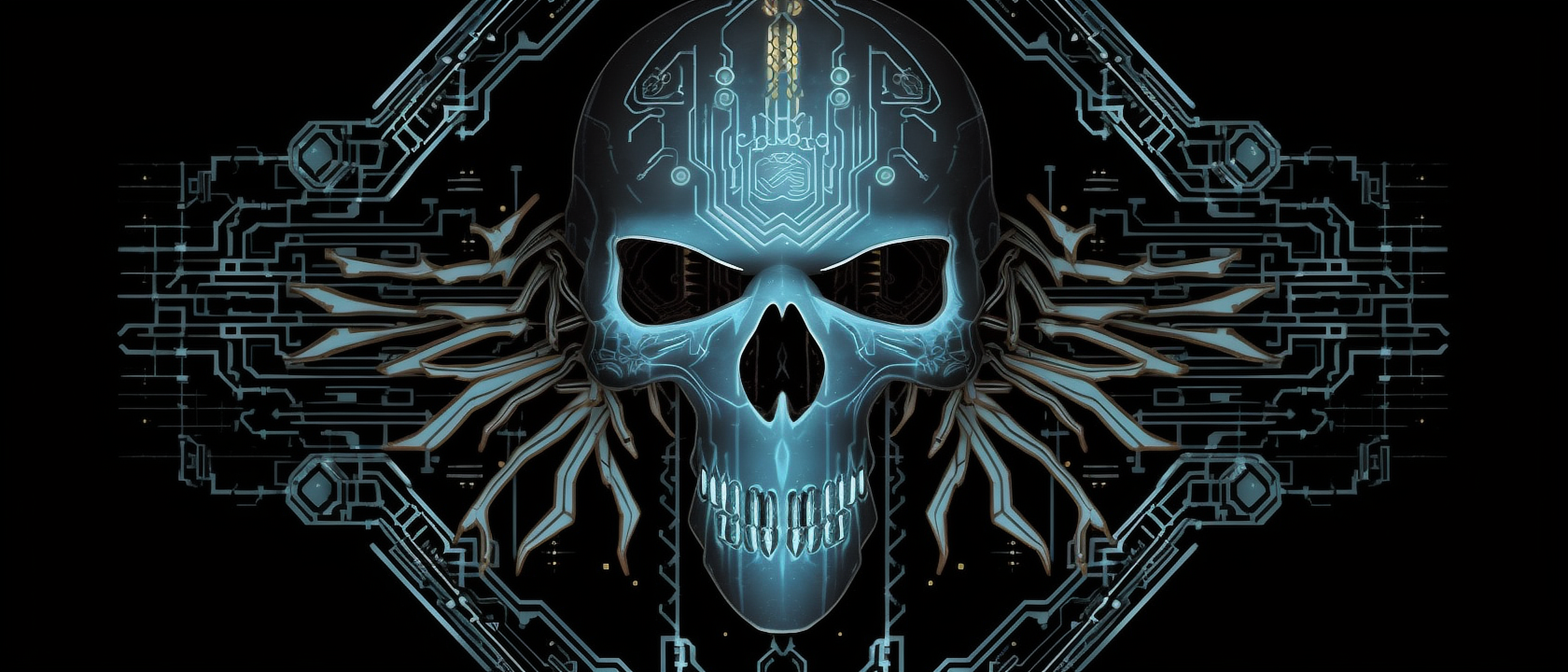 a skull with a circuit board and wings