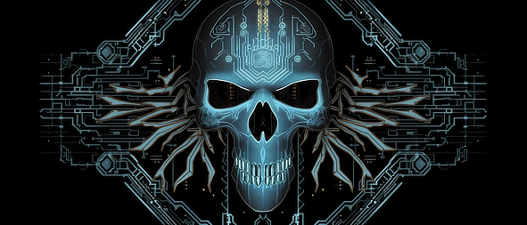 a skull with a circuit board and wings