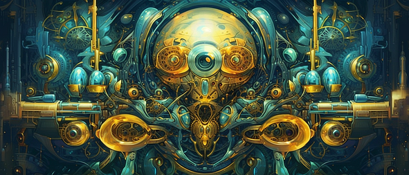 a gold and blue metal sculpture