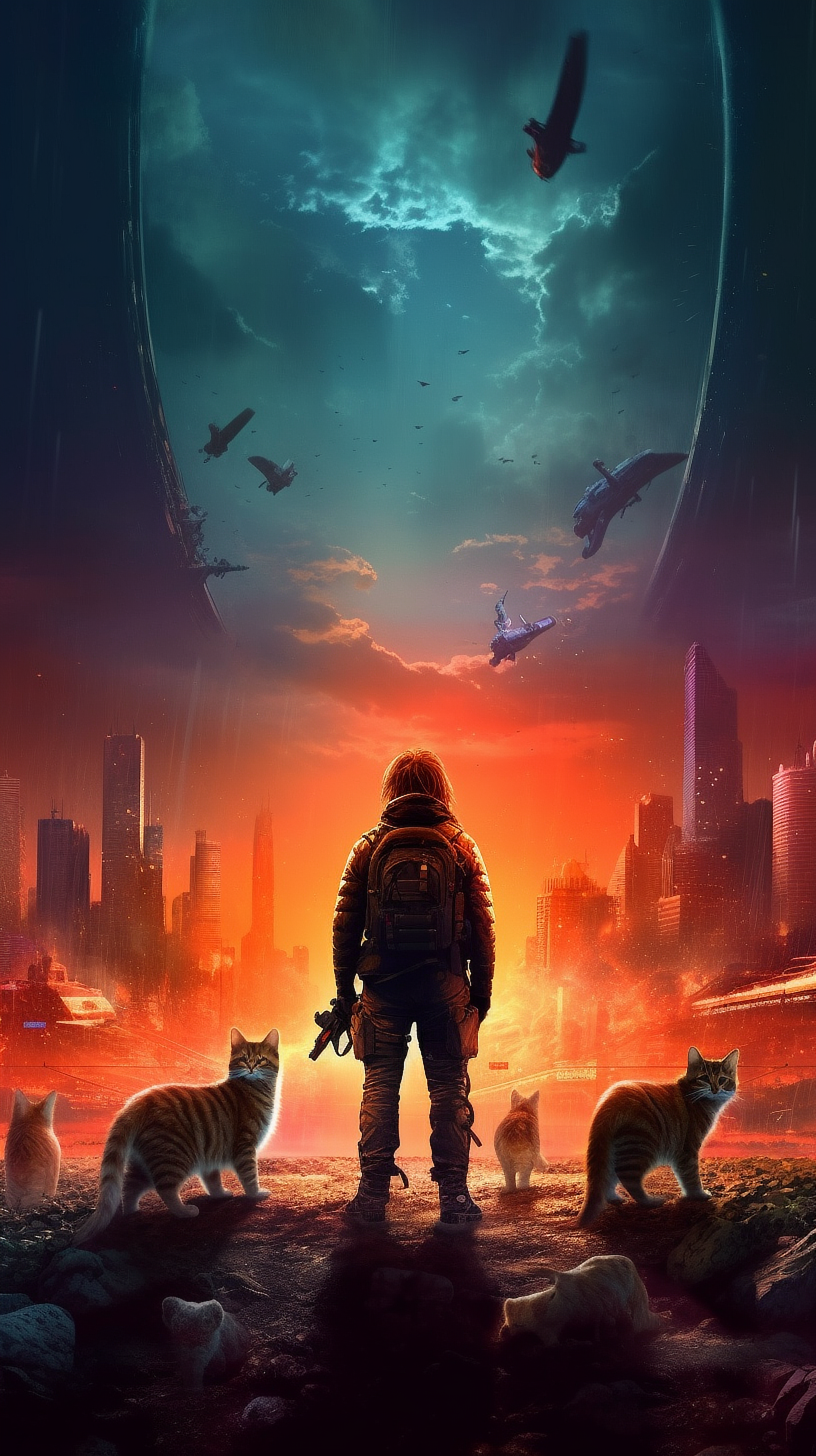 a man standing in front of a city with cats