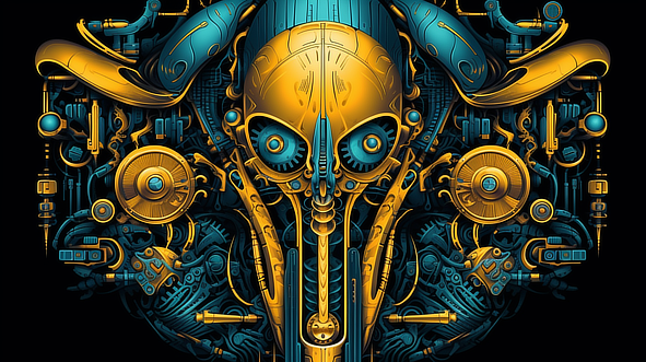 a yellow and blue robot head