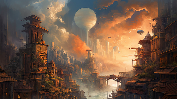 a city with a bridge and a large round object in the sky