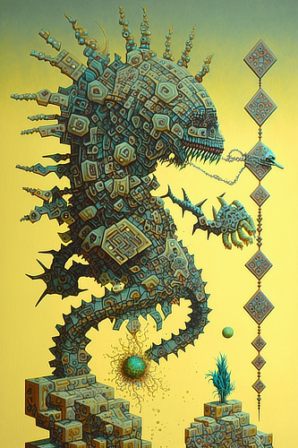 a green monster with a chain and a ball