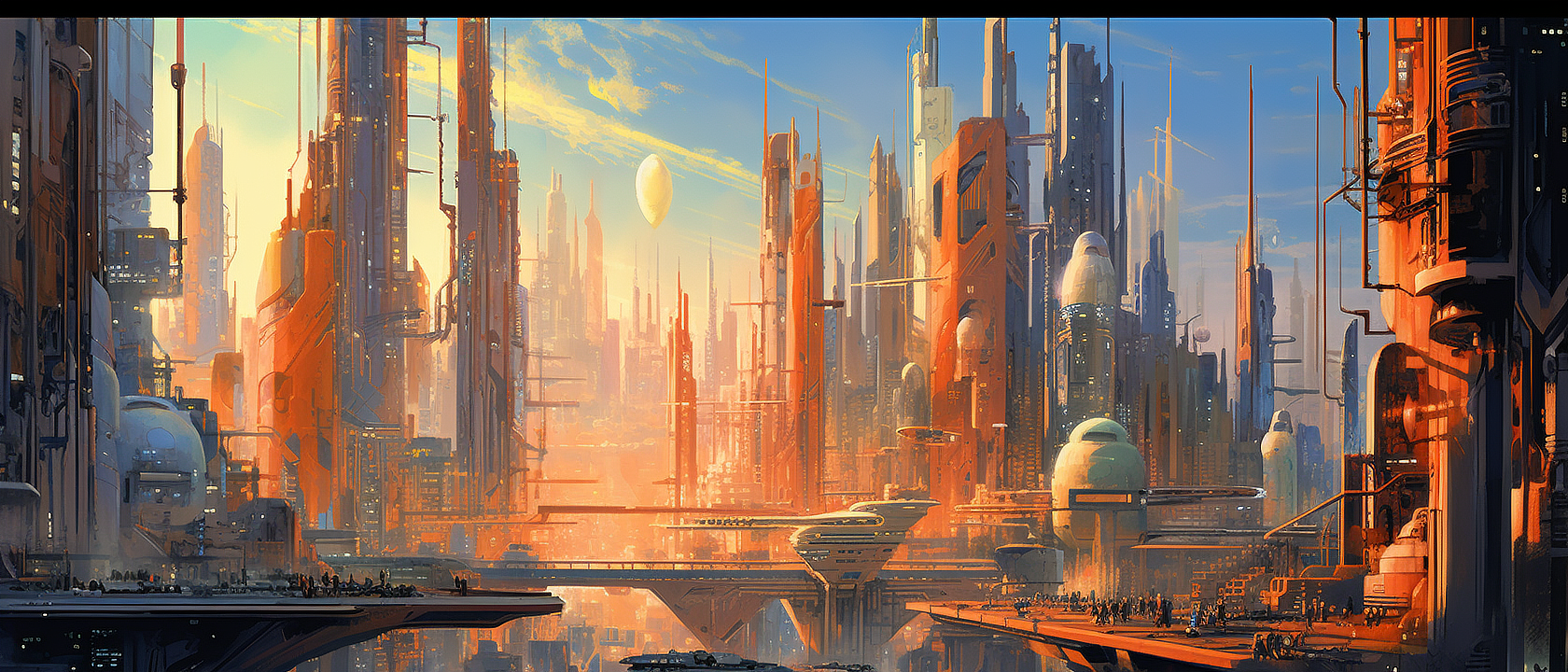 a city with many tall buildings and a bridge