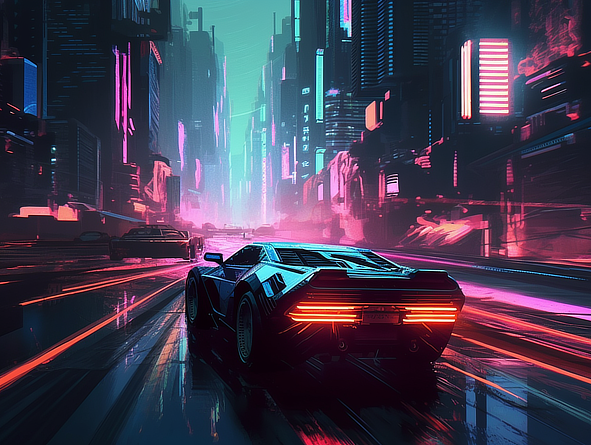 a car driving through a city