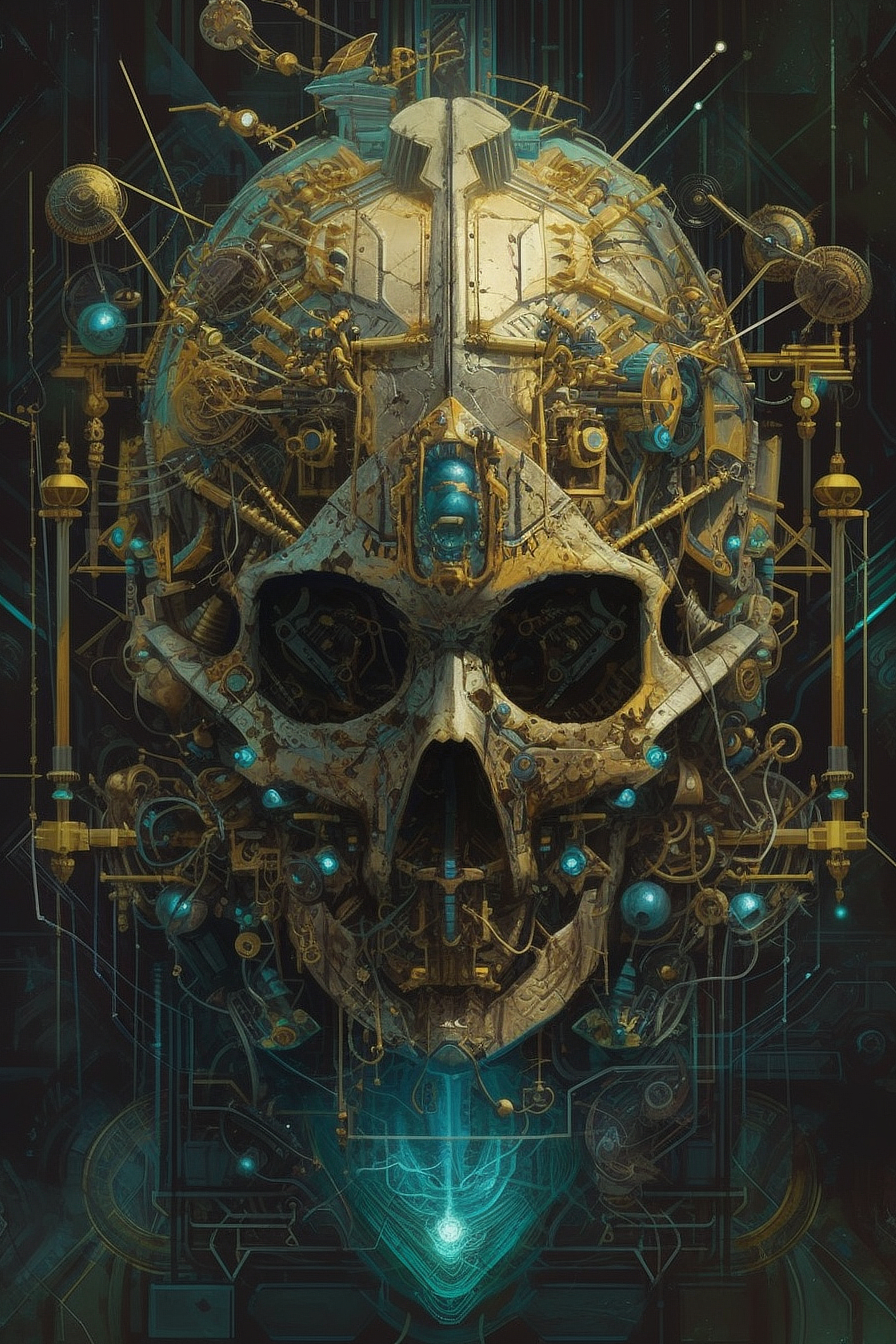 a skull made of metal and blue and gold