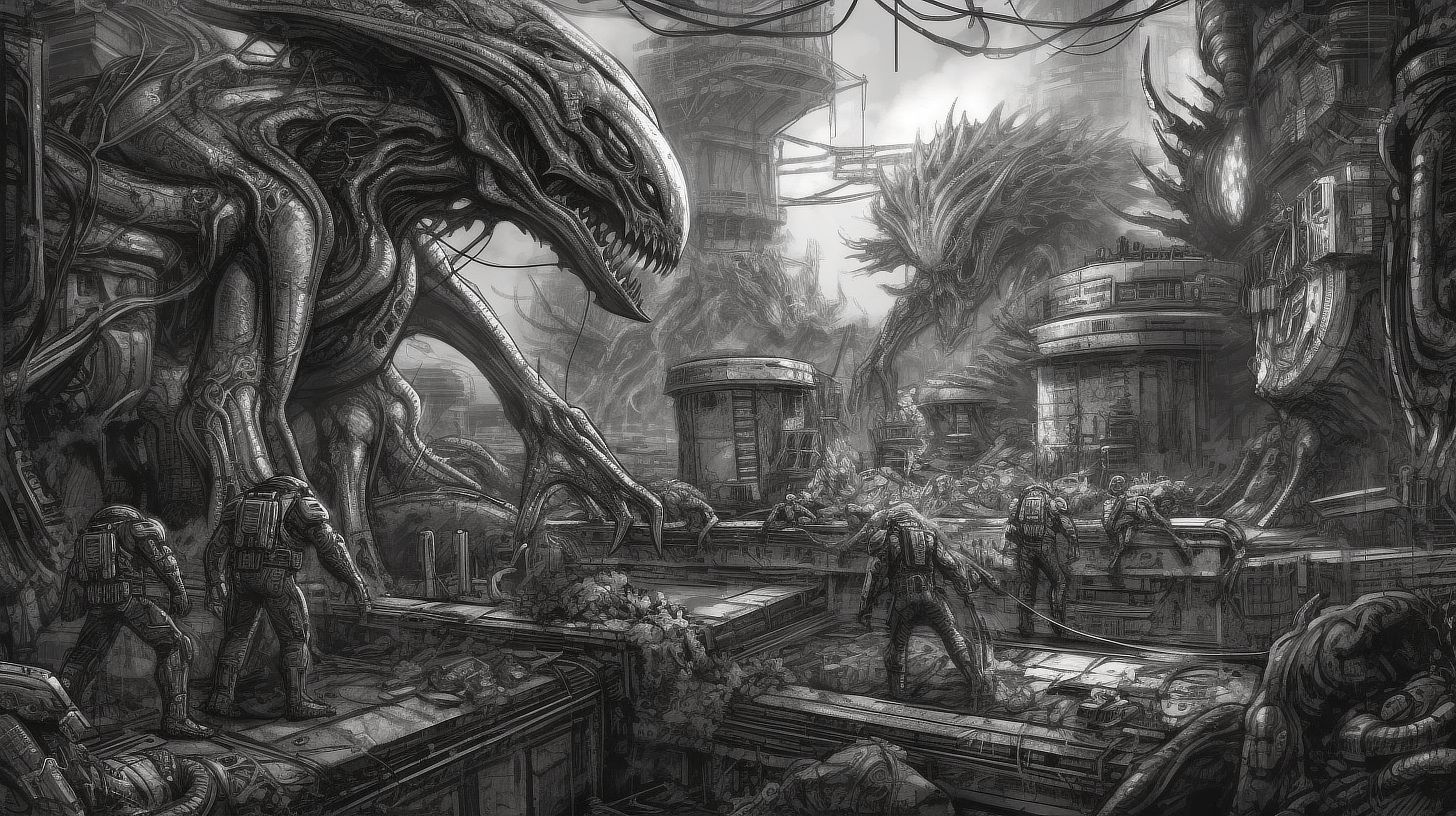 a greyscale art of a monster and people
