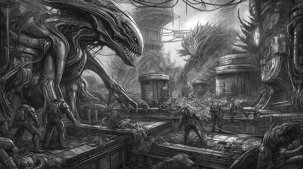 a greyscale art of a monster and people