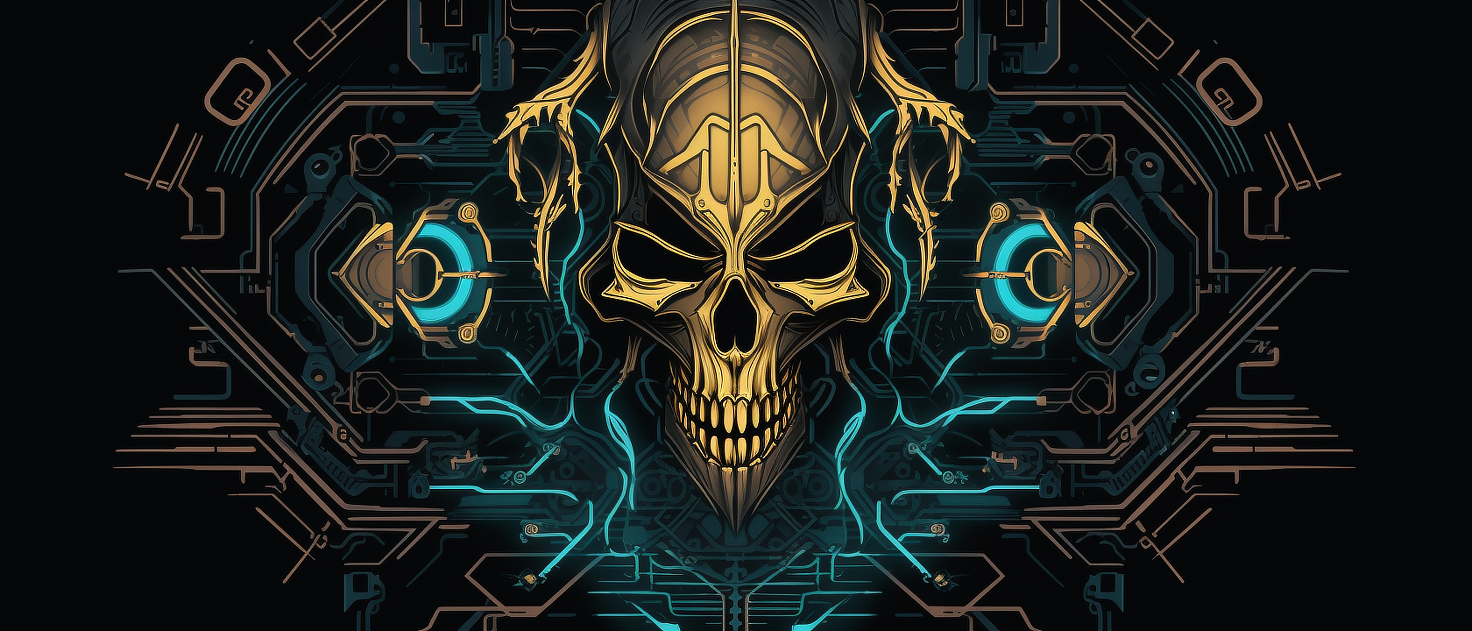 a skull with a gold and blue design