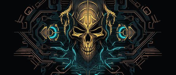 a skull with a gold and blue design