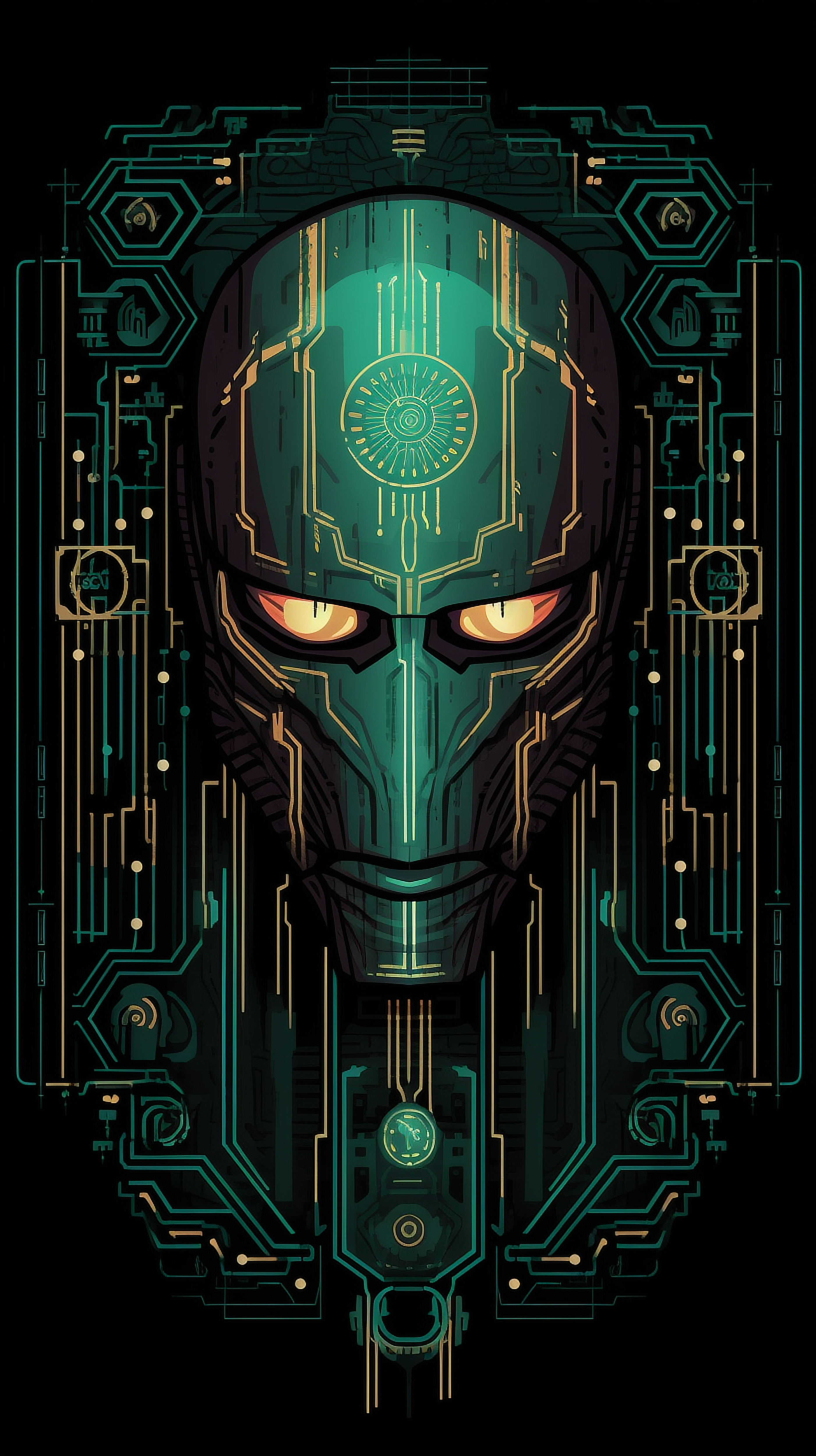 a green robot with yellow eyes and lines