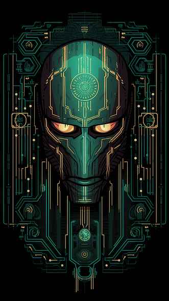 a green robot with yellow eyes and lines