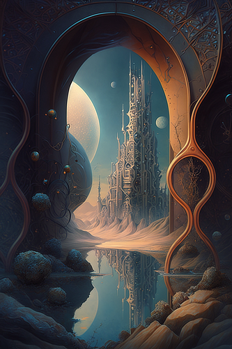 a fantasy landscape with a tower and water