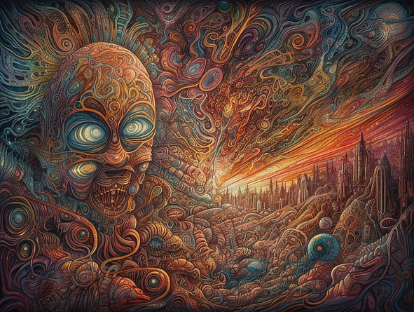 a colorful artwork of a person with a face and a city in the background