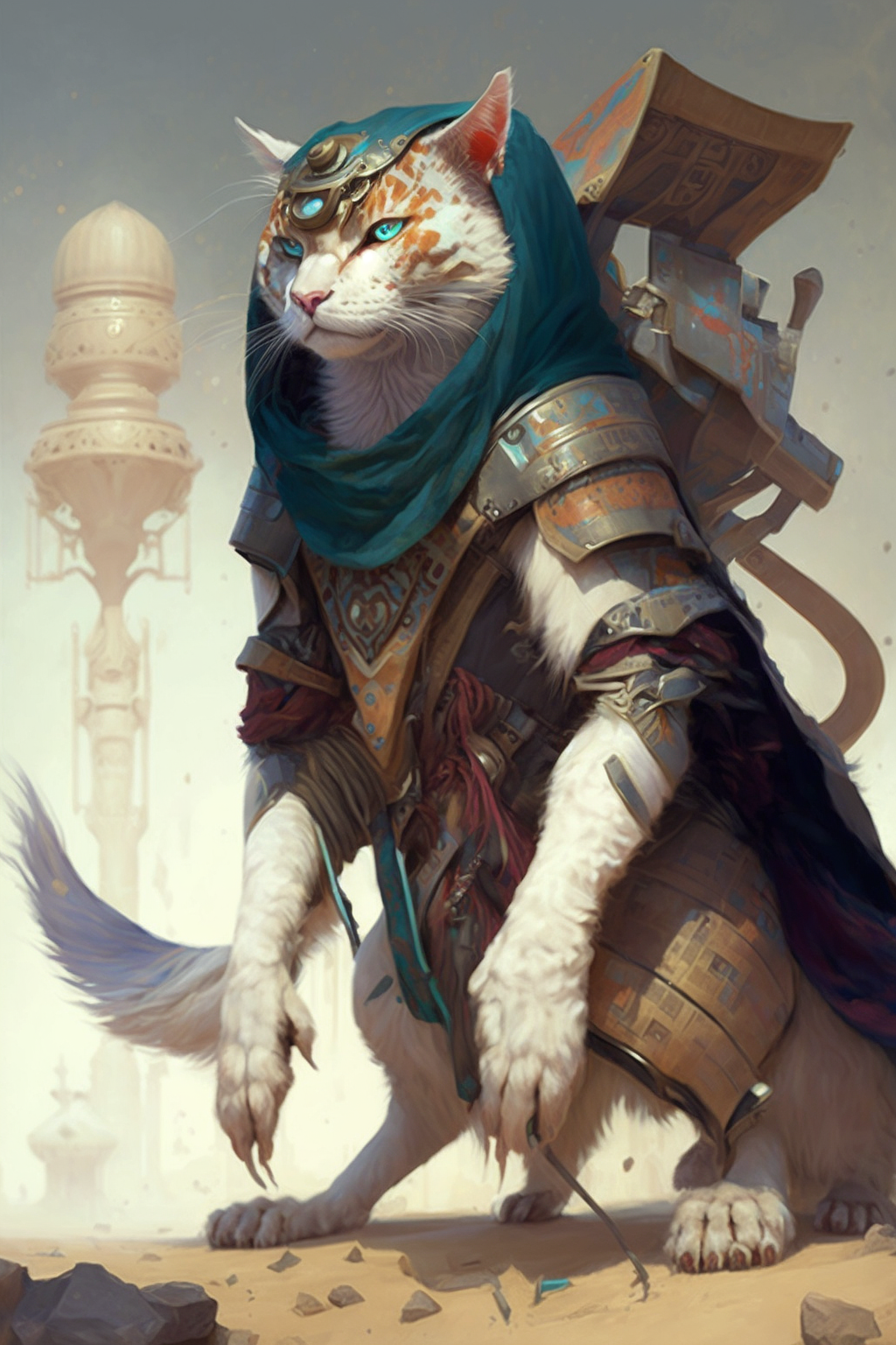 a cat wearing armor and a blue hood