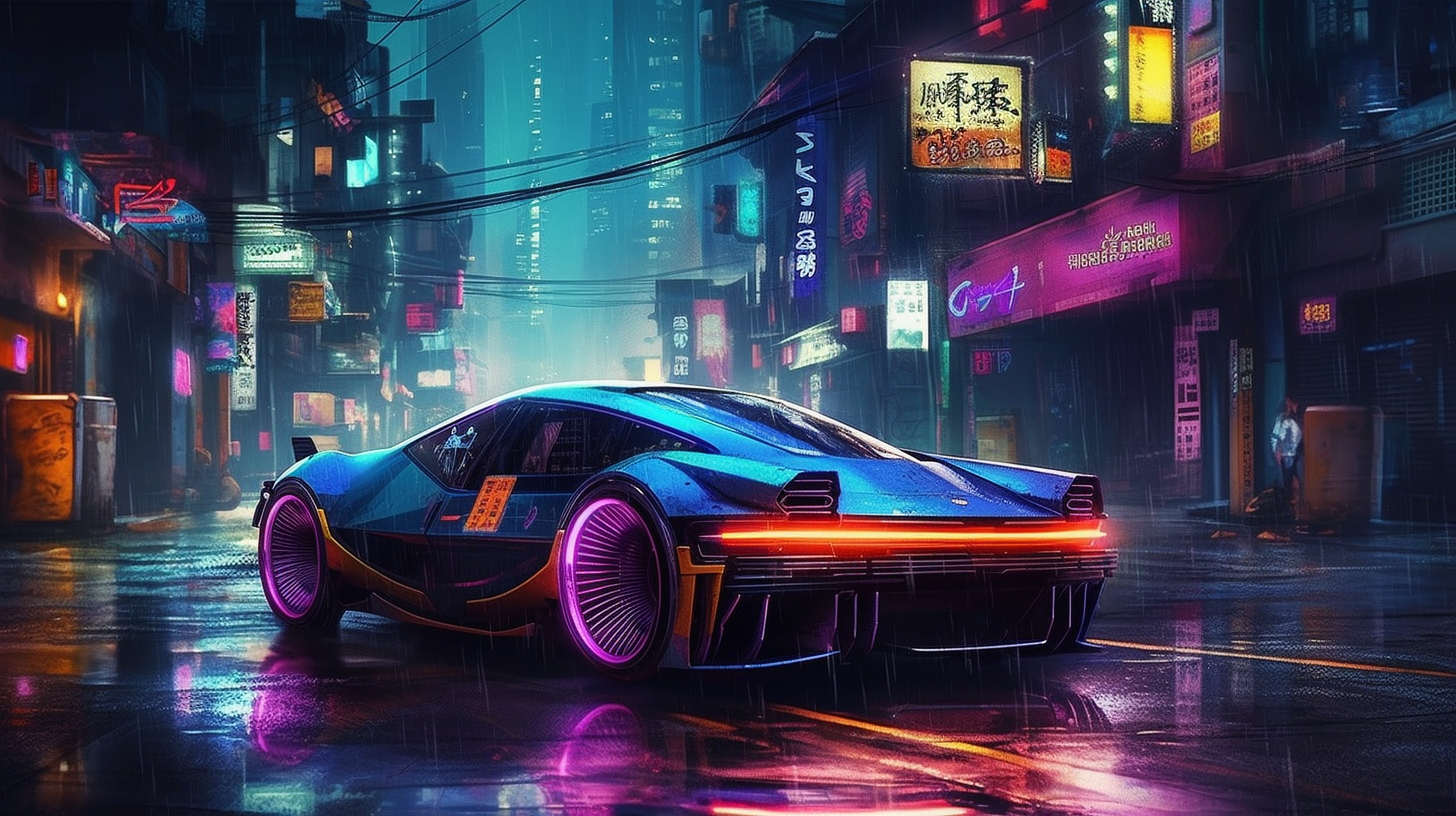 a blue sports car on a wet street in a city