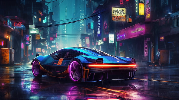 a blue sports car on a wet street in a city