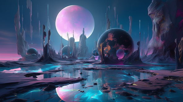 a landscape with planets and water