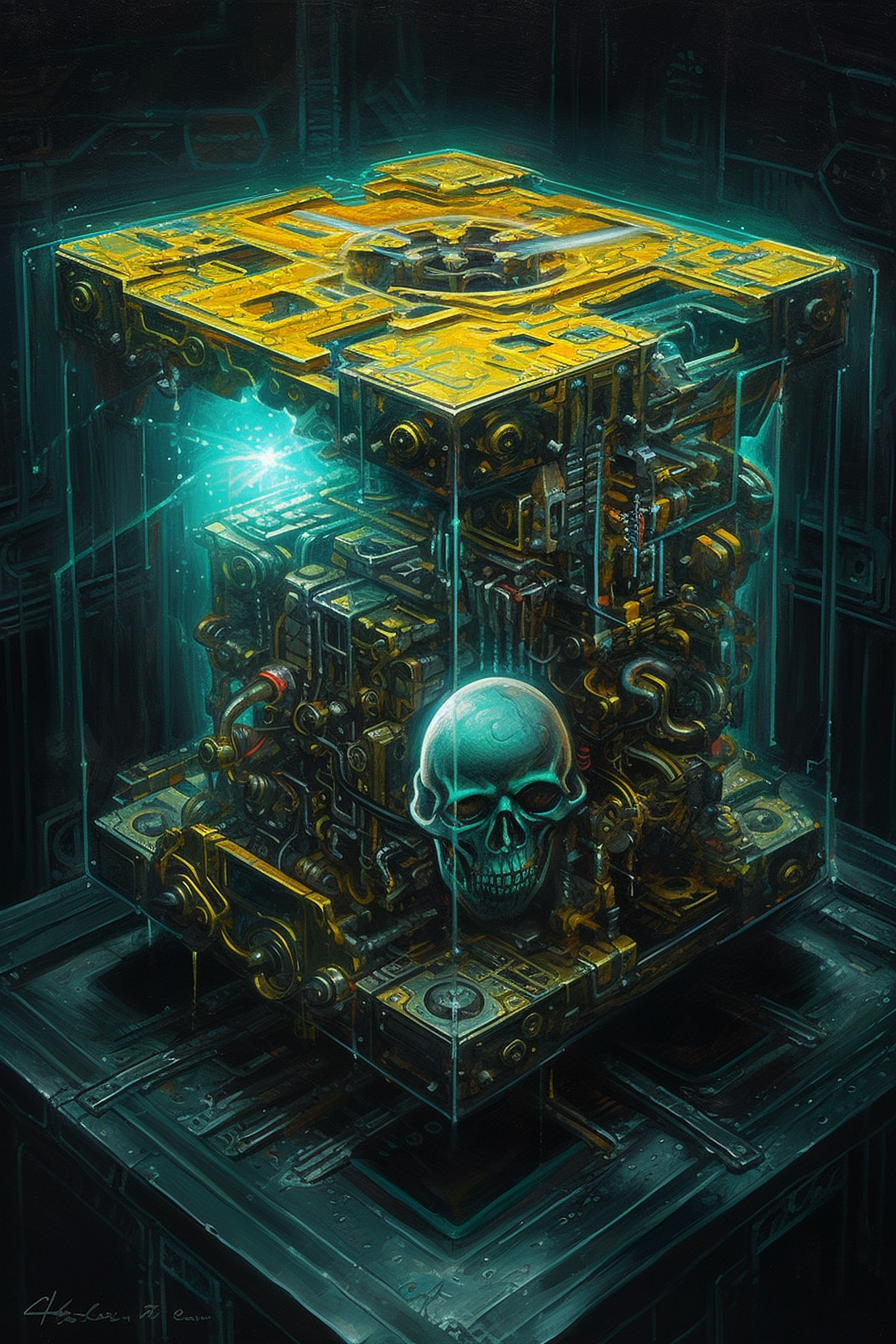 a skull on a machine