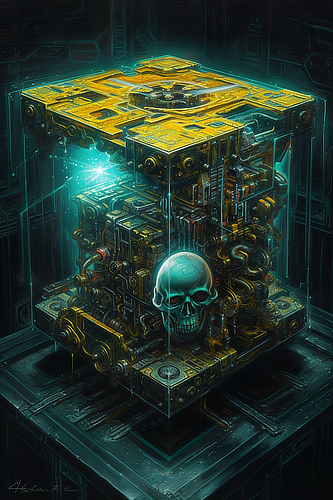 a skull on a machine