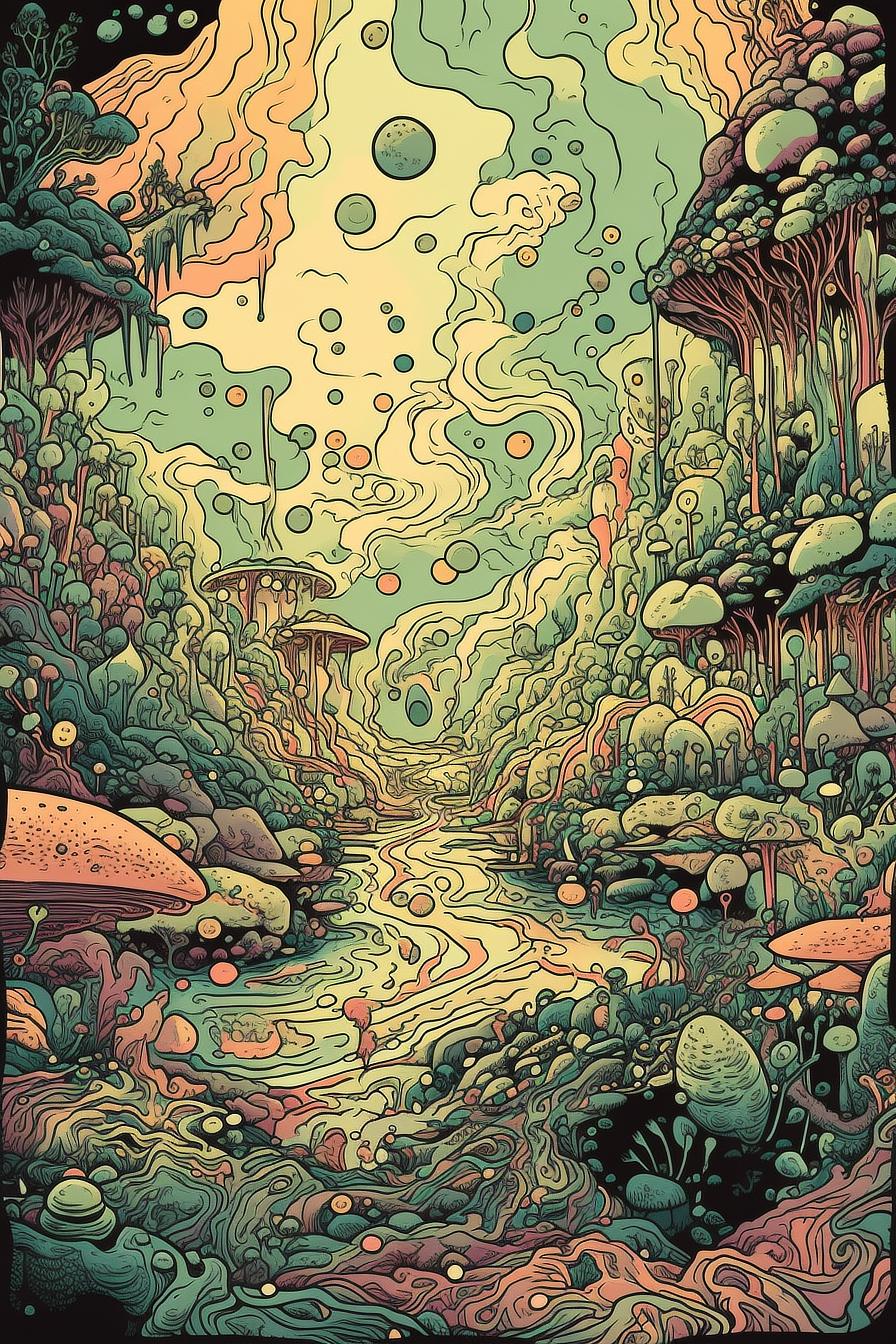 a cartoon of a river in a forest