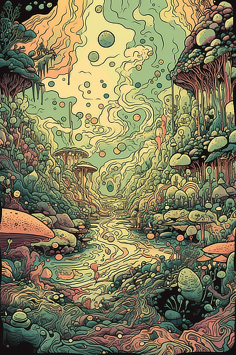 a cartoon of a river in a forest