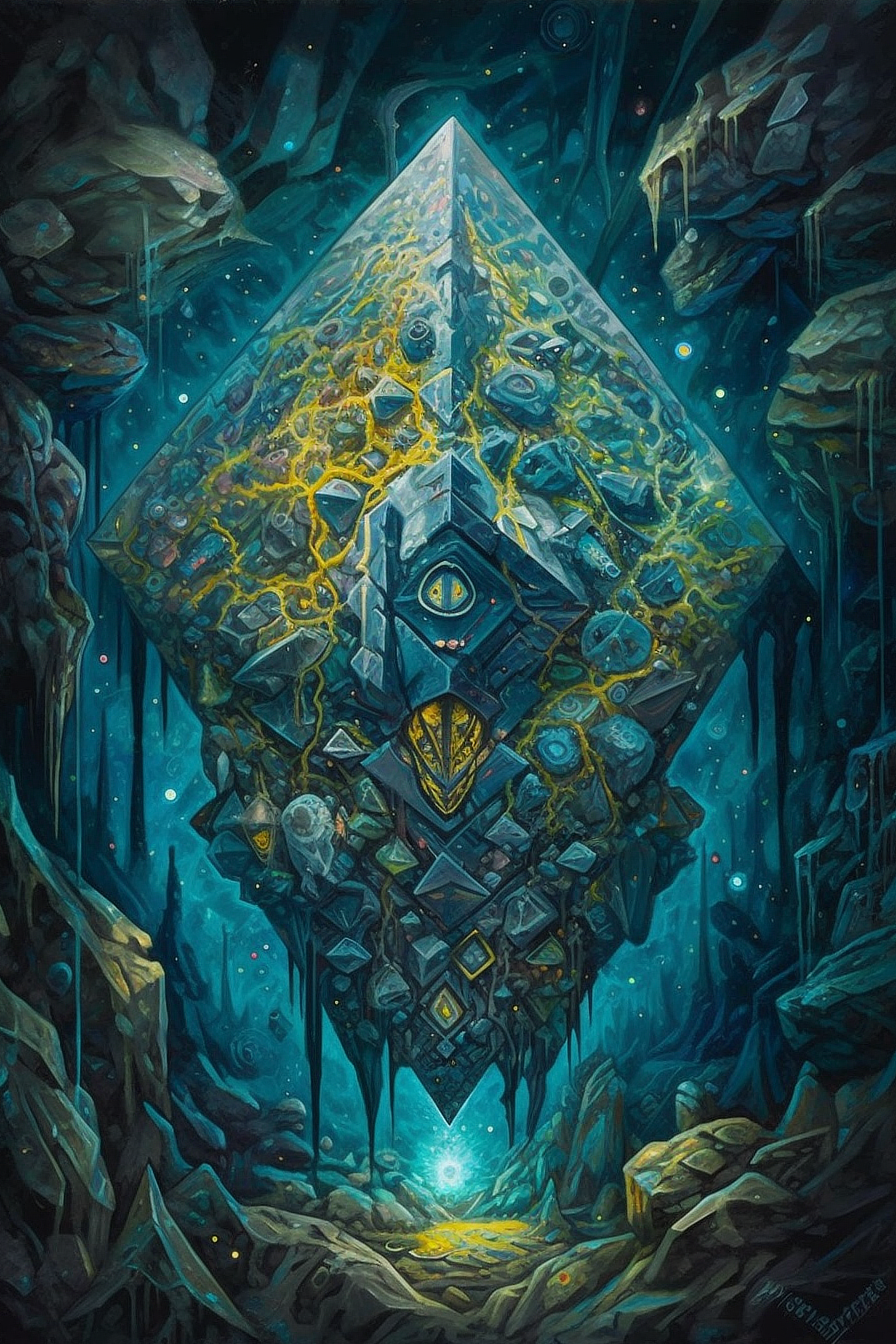 a diamond shaped object with a yellow eye