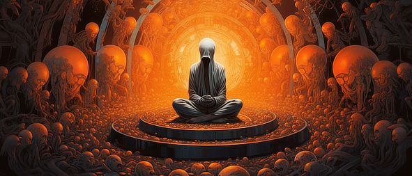 a person in a white robe sitting on a platform with orange and yellow background