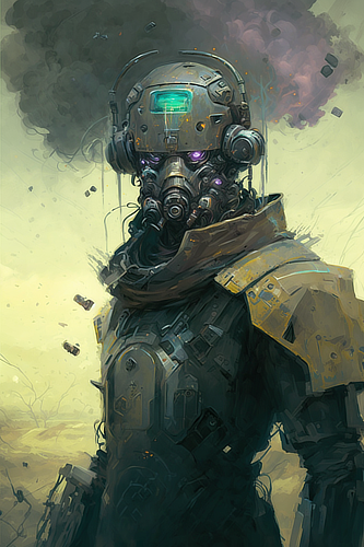 a robot with a mask and smoke coming out of his head