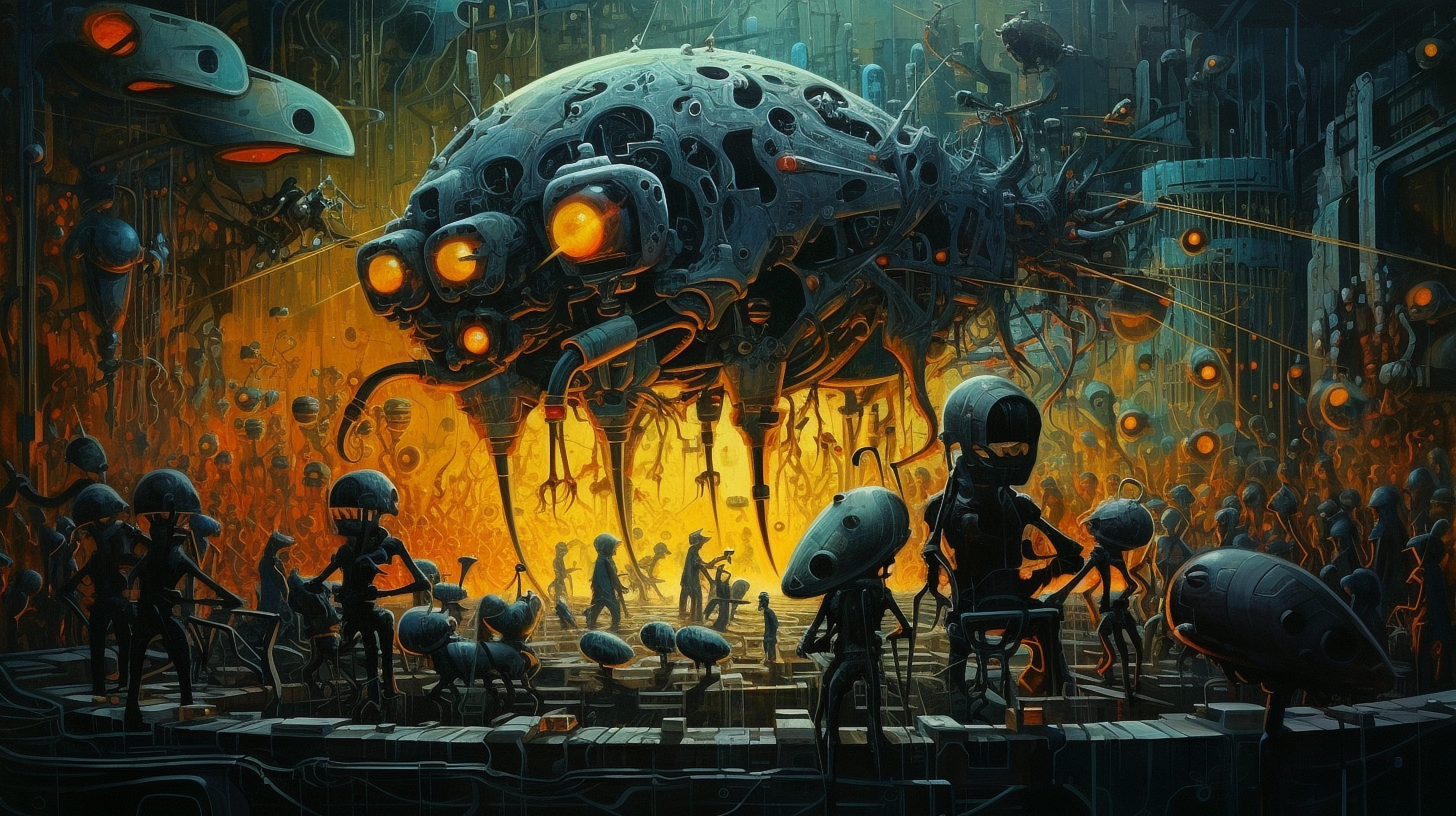 a large alien creature with many legs and people standing around