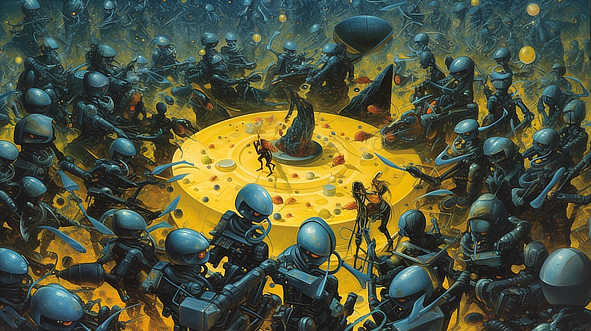 a group of robots fighting with a yellow object