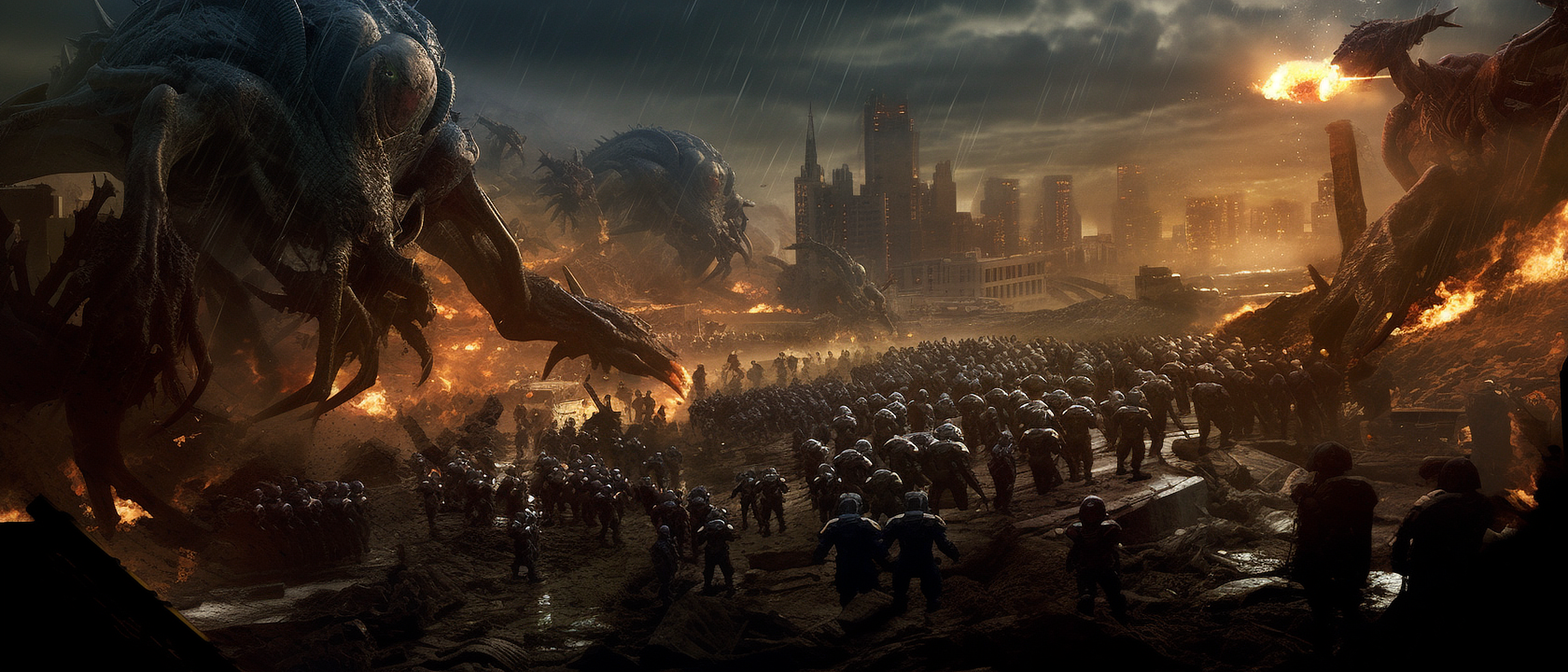 a large group of people in a battle