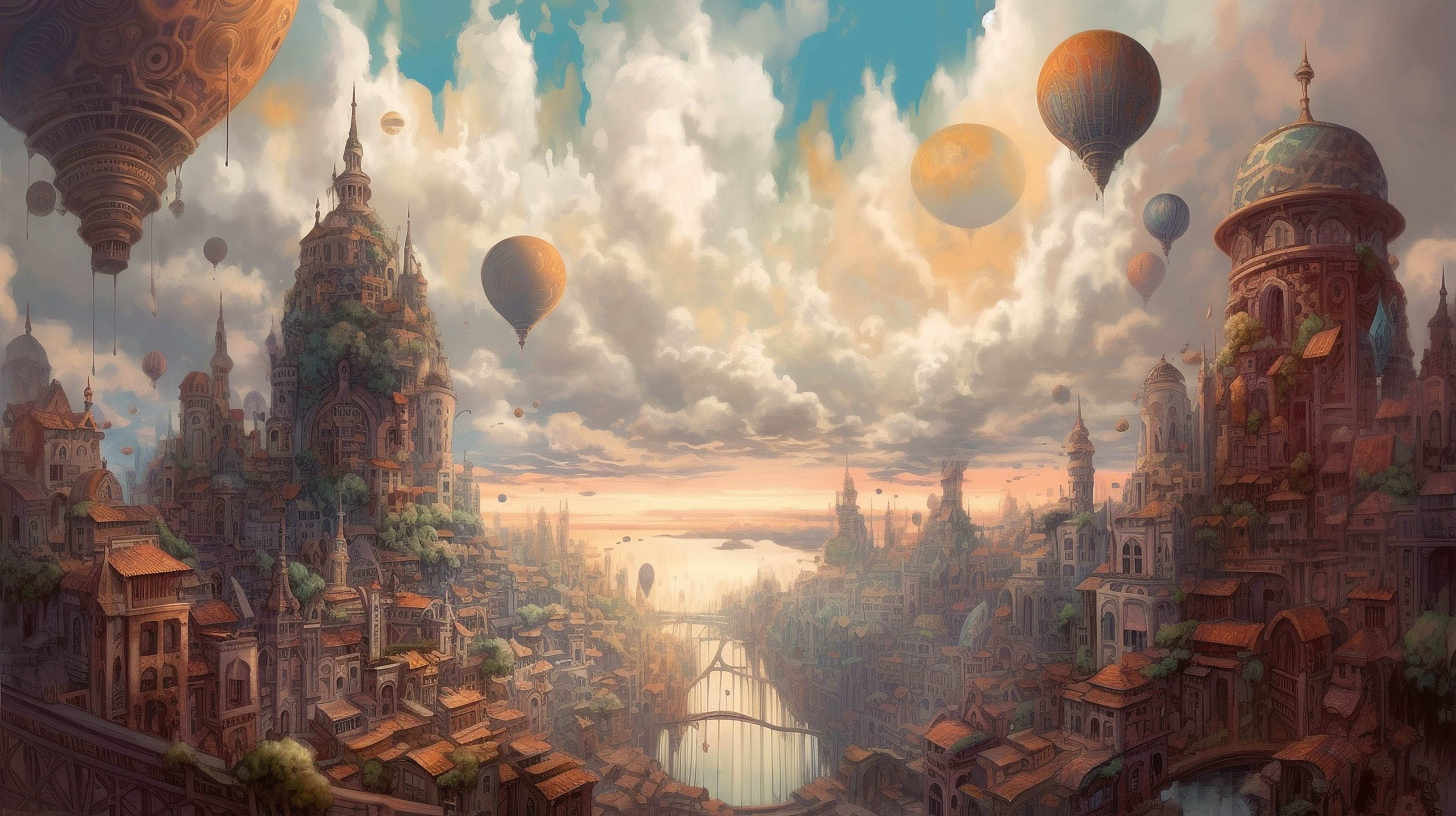 a city with hot air balloons