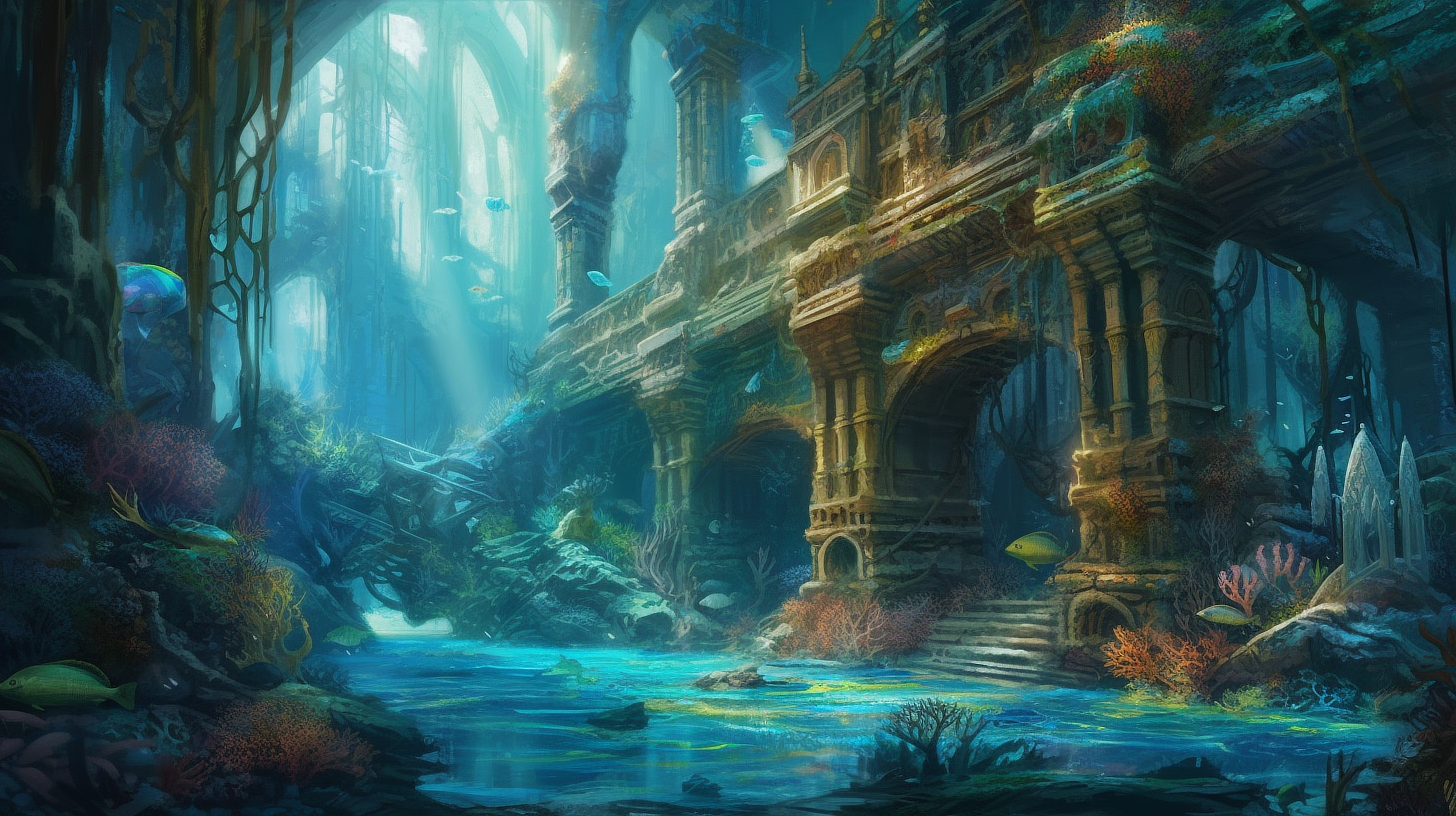 a underwater city with a bridge and fish
