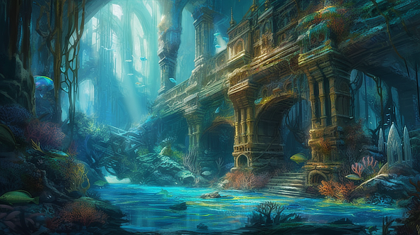 a underwater city with a bridge and fish